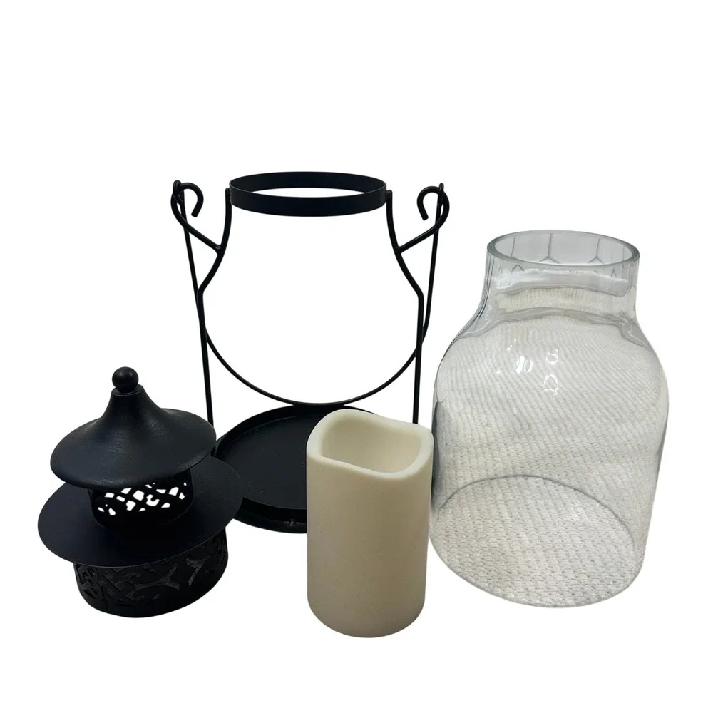 Black‎ Metal Glass Hurricane Lantern with LED Flameless Candle 13.5 Inch